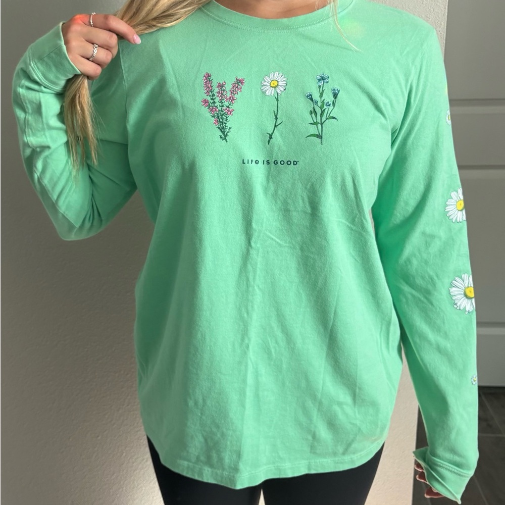 Life Is Good Women's Green Crusher Tee with Flowers Size Large